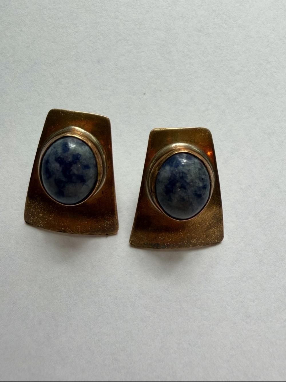Vintage Ken Gastineau Studio Artisan Brass Sodalite Cabochon Modernist Earrings